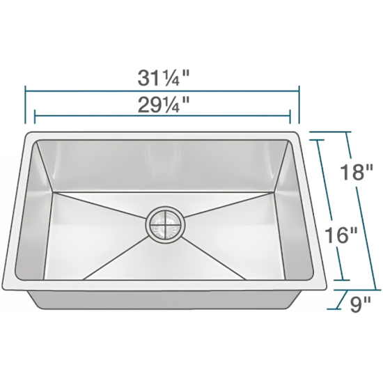 9 X 30 X 18 in. Handmade Single Bowl UM Square SS Kitchen Sink Bisman-BM30189 9 X 30 X 18 in. Handmade Single Bowl UM Square SS Kitchen Sink Bisman-BM30189
